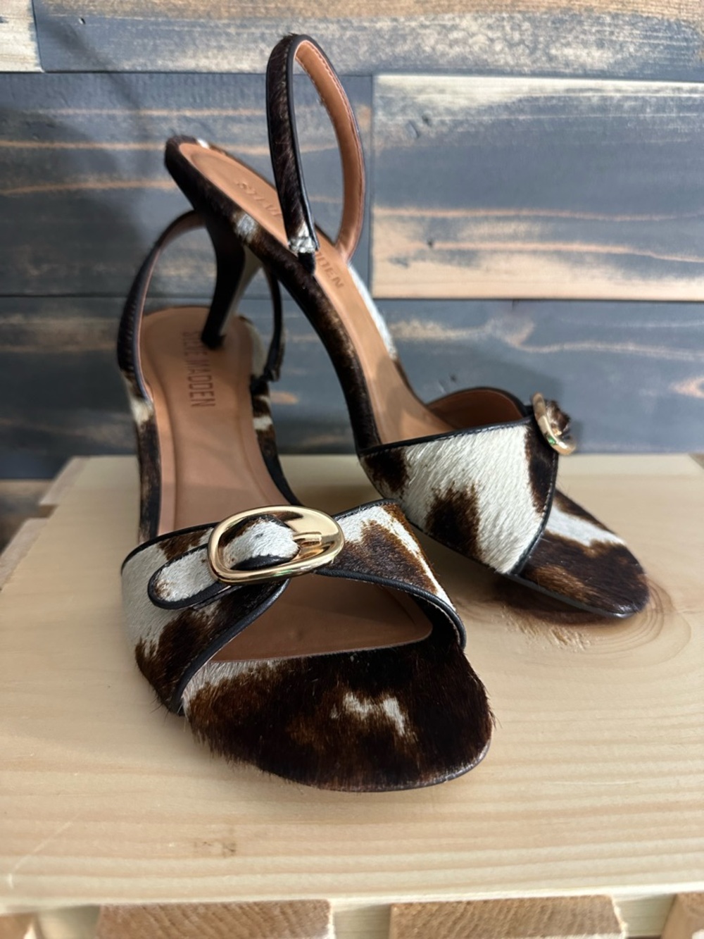 NWOT Steve Madden Brown Real Cow Hair Buckle Slingback Heels * mismatched size